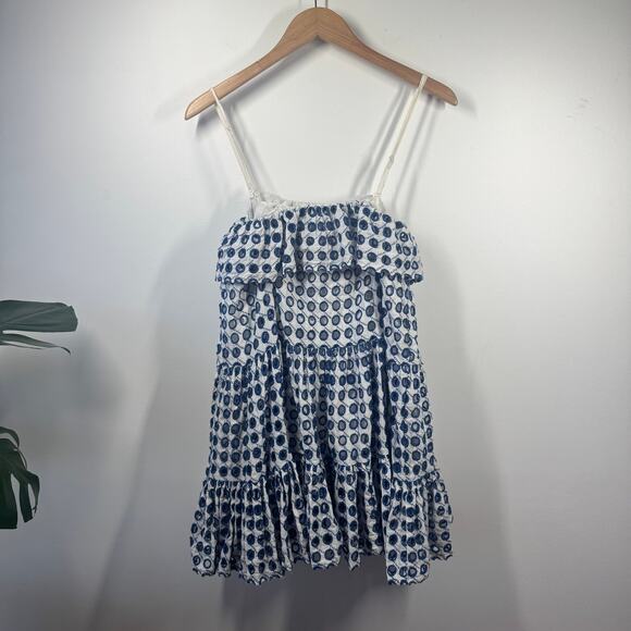 Solid & Striped Dress Women XS Blue White Eyelet Mini Ruffle Embroidery Preppy - Picture 7 of 9